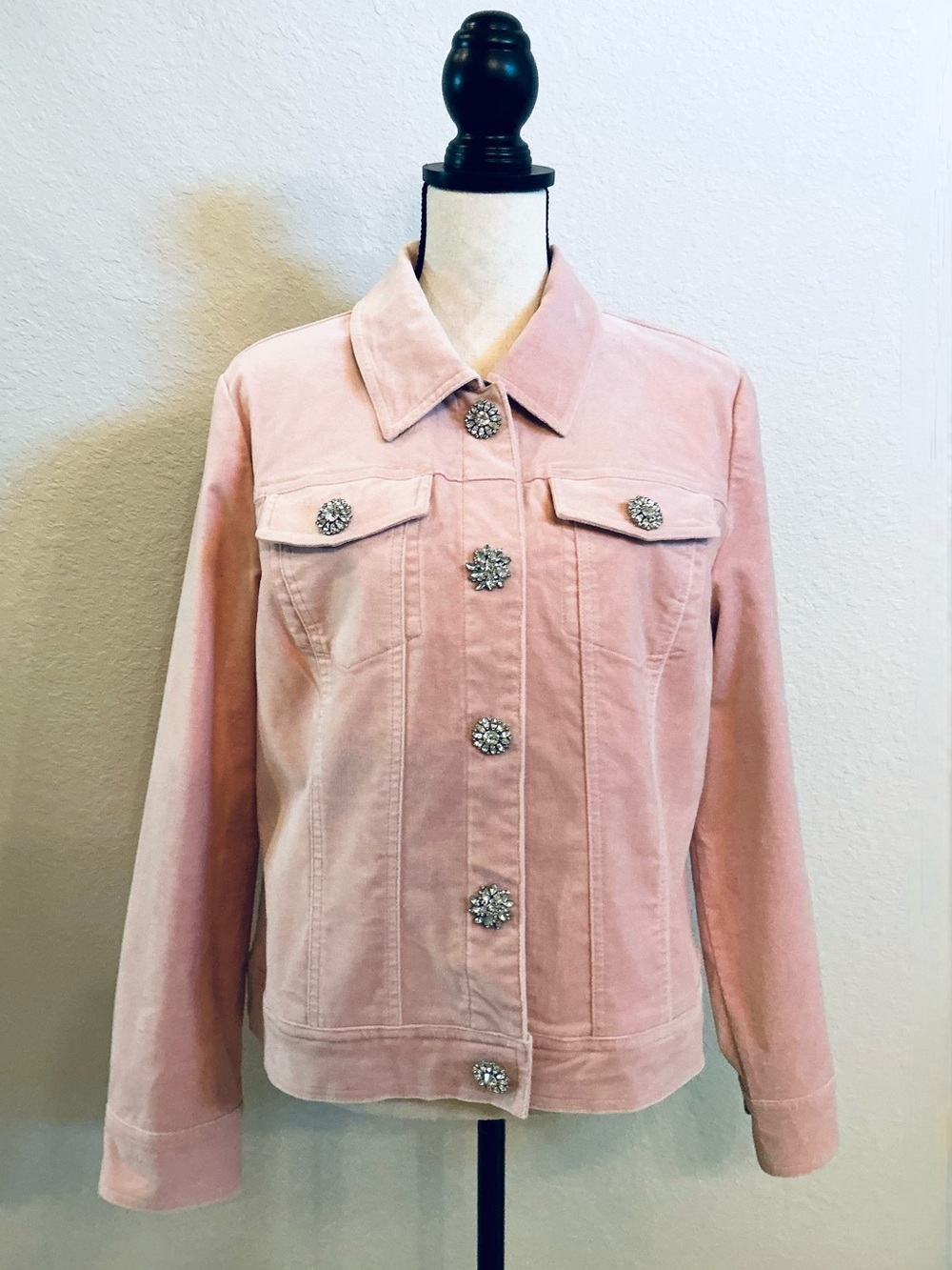BEREK, Pink Classic Jean Jacket with Rhinestones & Silk Lining, Sz Large Petite
